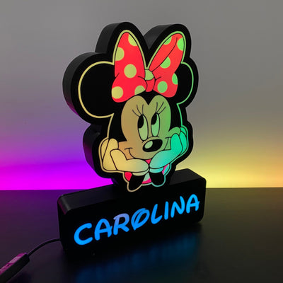 Candeeiro LED da Minnie Mouse com laço rosa, ideal para decoração de quarto infantil.